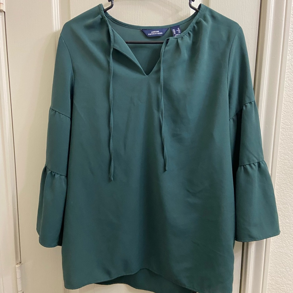 Lands' End Green Blouse with Bell Sleeves and Tie Front